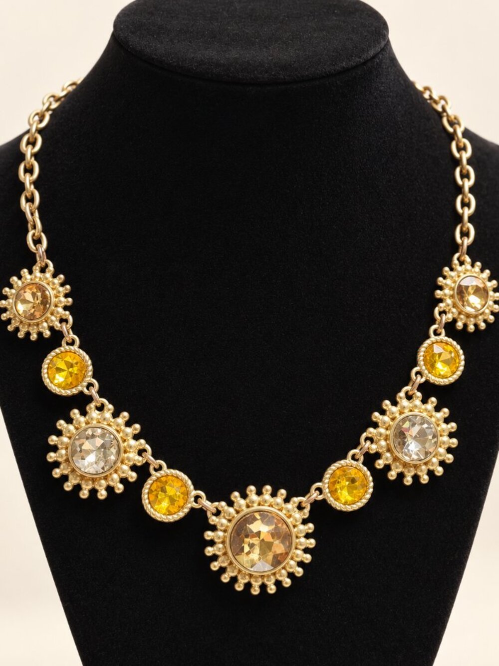 Gold Tone Yellow & Champagne Sunburst Statement Necklace